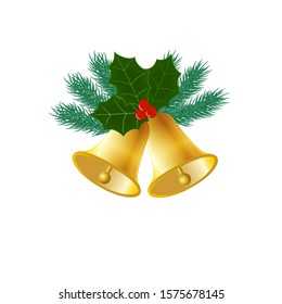 Christmas bells. Cute Christmas composition with bells, fir branches and Holly leaves