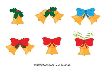 Sinos de Natal decorados com Holly Berries e arcos coloridos. Inverno internacional adereços de férias e elementos decorativos arte vetorial