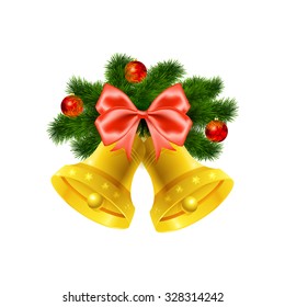 Christmas bells. Decoration of  red bow and fur tree with baubles  on white background. Vector illustration
