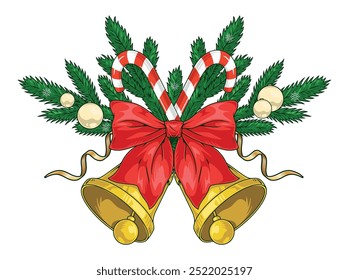 Sinos de Natal detalhados logotipo colorido com ramos de abeto e crianças doces bengalas para crianças design ilustração vetor