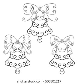 Christmas bells with different bows set. Abstract vector isolated illustration. Hand-drawn floral zentangle cartoon decorative outline collection. Adult coloring book. Eps 8.