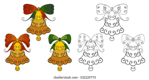 Christmas bells with different bows  set. Abstract vector isolated illustration. Hand-drawn collection. Black and multicolored objects. Adult coloring book. Eps 8.