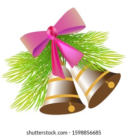 Christmas bells and fir branches, composition, isolate on a white background