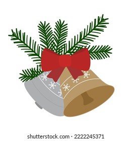 Christmas bells with fir branches. Flat style. Vector illustration 