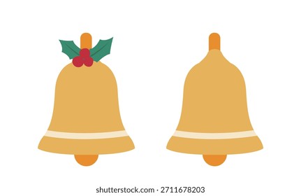 Weihnachtsglocken flach Stock, Vektorgrafik-Set.
Weihnachtsglocken mit holligen Blättern Clipart Cartoon.
Weißer Hintergrund.