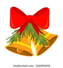 Christmas bells flat vector illustration. Gold school handbell with red berries and leaves isolated clipart. New year celebration. Xmas decoration. Winter and autumn holiday. First school call
