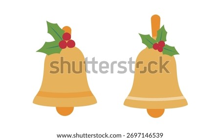 Christmas Bells flat vector illustration set.
Christmas bells with holly leaves clipart cartoon.
White background.