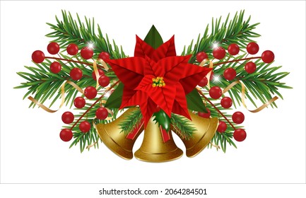 Christmas bells golden with Christmas flowers poinsettia. Happy New Year border with garland Christmas tree branches and holly berries, gold ribbons. Vector illustration.
