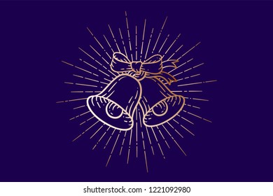 Christmas bells. Golden sign jingle bells with light rays vintage retro graphic in engraving retro style. Icon jingle bells for Happy New Year or Merry Christmas design, banner. Vector Illustration