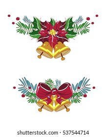 Christmas bells with gorgeous flower poinsettia, berries, pine and red bow. Vector illustration.