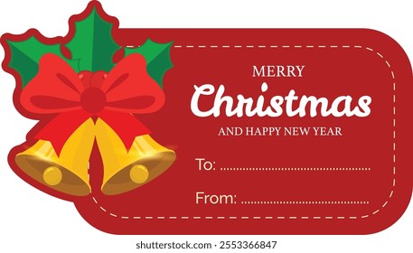 Christmas bells greeting card label decorated with holly berry mistletoe leaves, red bow tie ribbon and red background