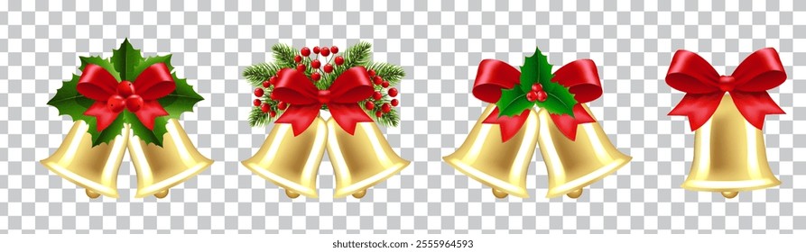 Christmas Bells And Holly Berry Set Transparent Background 
With Gradient Mesh, Vector Illustration