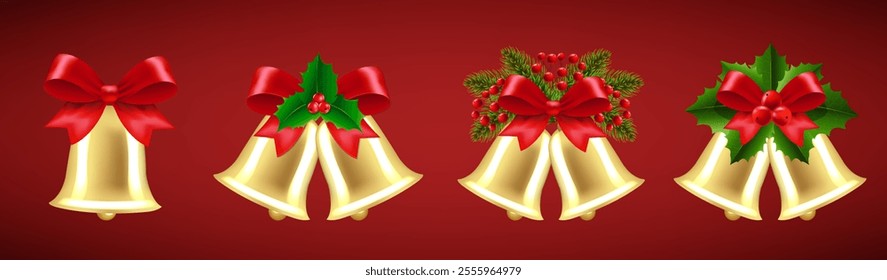 Christmas Bells And Holly Berry Set Red Background 
With Gradient Mesh, Vector Illustration