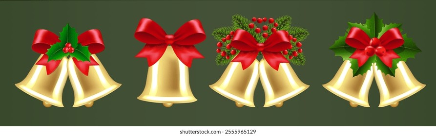 Christmas Bells And Holly Berry Set Green Background 
With Gradient Mesh, Vector Illustration