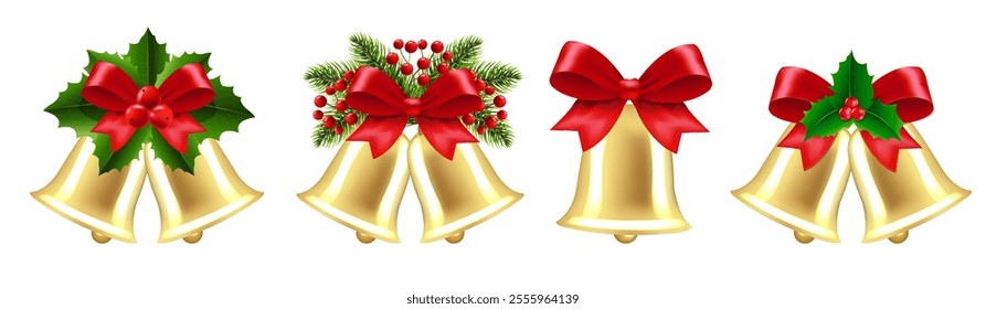 Christmas Bells And Holly Berry White Background With Gradient Mesh, Vector Illustration