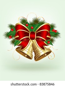 Christmas bells with holly and bow on green background, illustration