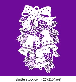 Christmas bells with holly, fir branches and ribbon. For design and postcards, invitations, envelopes, menus, etc. Template for laser cutting. For cutting from any materials. Vector