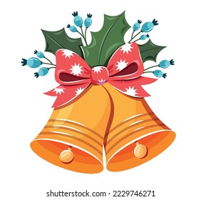 Christmas bells with holly leaves and berries. Vector isolated image on a white background.