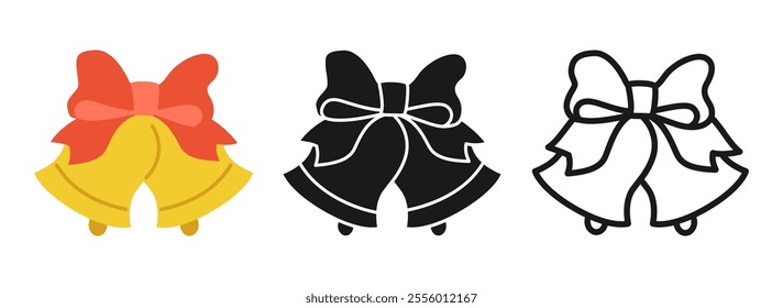 Christmas bells icon set. Graphic symbol New year. Xmas bell simple illustration. Bells with ribbon sign for Christmas greeting card, postcard sticker poster invitation calendar, web banner vector