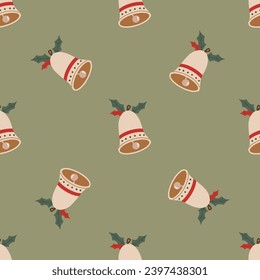 Christmas bells with leaves seamless pattern. Christmas and New Year concept. Hand drawn retro vintage vector texture for wallpaper, prints, wrapping, textile