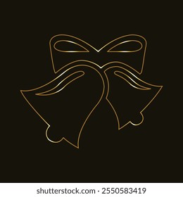 Christmas bells. Line art. Gold. Happy new year symbols. Isolated on black background. Two golden bells with a bow and holly. Vector illustration. Merry Christmas, holiday, religion. A ringing bell.