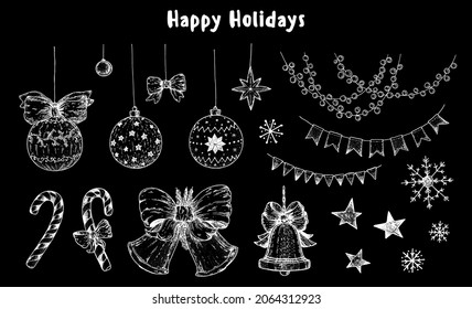 Christmas bells, lollipop stick, holiday garlands, Christmas balls toys, snowflakes. Hand drawn sketch. Vector illustration.
