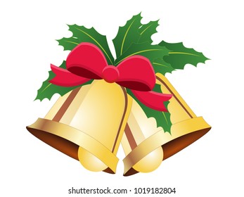 Christmas Bells with Mistletoe and Bow - Vector Image