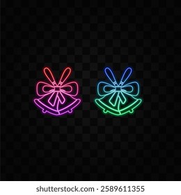 Christmas bells with mistletoe icon. New Year and Christmas symbol. neon style.