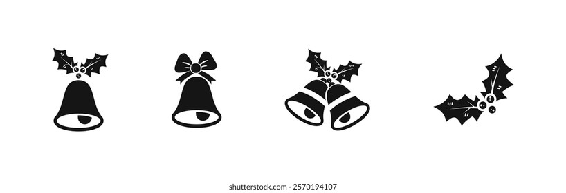 Christmas Bells and Mistletoe Twig Vector Icon Set