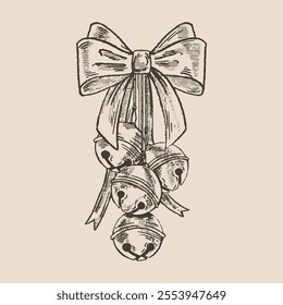 Christmas bells, bells on a bow, illustration in the style of a medieval engraving