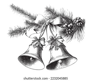 Christmas bells on a fir branch hand drawn engraved style sketch refinement illustration.