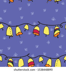Christmas bells on a line in the snow, repeat pattern vector surface design