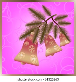 Christmas bells on realistic branch. Vector illustration.