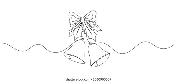 Christmas bells one line illustration. Hand drawn sketch of xmas sign on white background