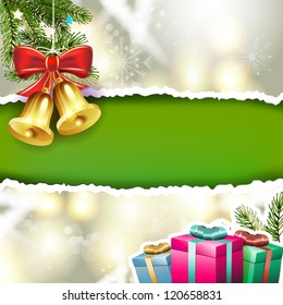 Christmas bells with pine tree and gifts