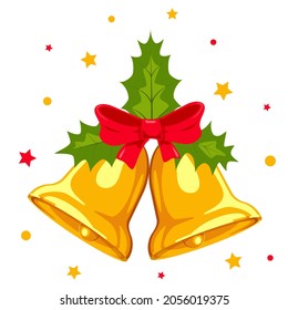 Christmas bells with red bow and holly leaves isolated on white background. Greeting card for Christmas, New Year. Festive decoration, design element. Vector illustration