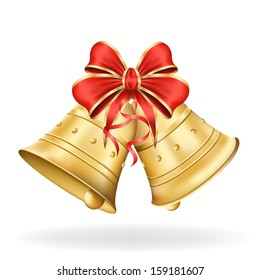 Christmas bells with red bow on white background. Xmas decorations. Vector eps10 illustration