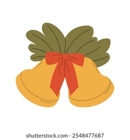 Christmas Bells with Red Bow Vector Illustration. A charming vector illustration of golden Christmas bells adorned with a vibrant red bow and green festive foliage