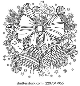 Christmas bells with a ribbon bow between the branches of the tree with sweet gifts from Santa. Vector mandala coloring book for adults. Black and white page for coloring book and Christmas design