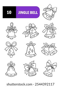 Christmas bells with ribbon bow. Cartoon Christmas bell collection. jingle bell with bow. Celebration bell icons in a flat design. Christmas. Cute. For coloring