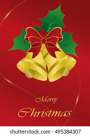 Christmas bells with ribbon on red background, illustration
