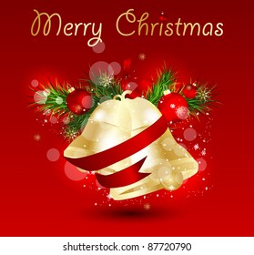 Christmas bells with ribbon on red background