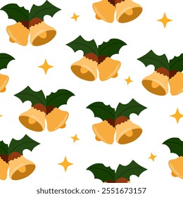 Christmas bells seamless pattern. Musical instrument, jingle bells. Festive Christmas or New Year background. For textile, wrapping paper, fabric, notebook, greeting card. Flat vector illustration