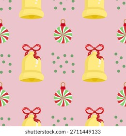 sinos de natal padrão sem emenda no fundo rosa para papel de parede, tecido, papel de embrulho, capa de notebook, roupas, pano de fundo e estacionário.
