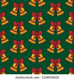 Christmas bells seamless pattern. Bells with red bow tie ribbon on green background