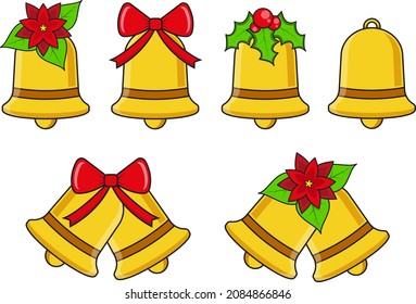 Christmas bells set with bow, mistletoe and flowers