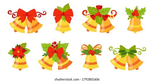 Christmas bells set. New year cartoon decoration bows and holly. Holiday golden metal campane collection. Flat  design elements. Isolated vector illustration