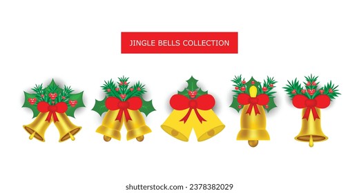 Christmas bells set. New year cartoon decoration bows and holly. Holiday golden metal campaign collection