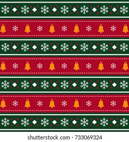 Christmas bells and snow flakes pattern on red and green striped background. Christmas background, vector illustration.