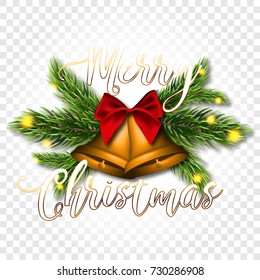 Christmas bells and spruce branches on a transparent background. Sticker or label with red satin bow